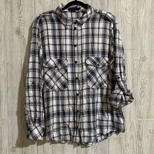 Sanctuary Plaid Boyfriend Long Roll Tab Sleeve Snap Front Pocket Shirt XL